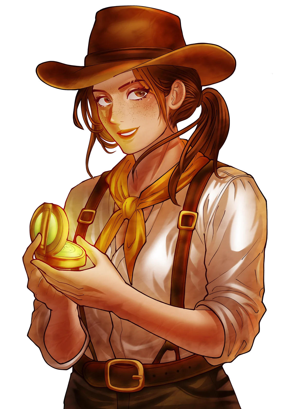 An adventurer in a wide-brimmed hat holding a glowing compass