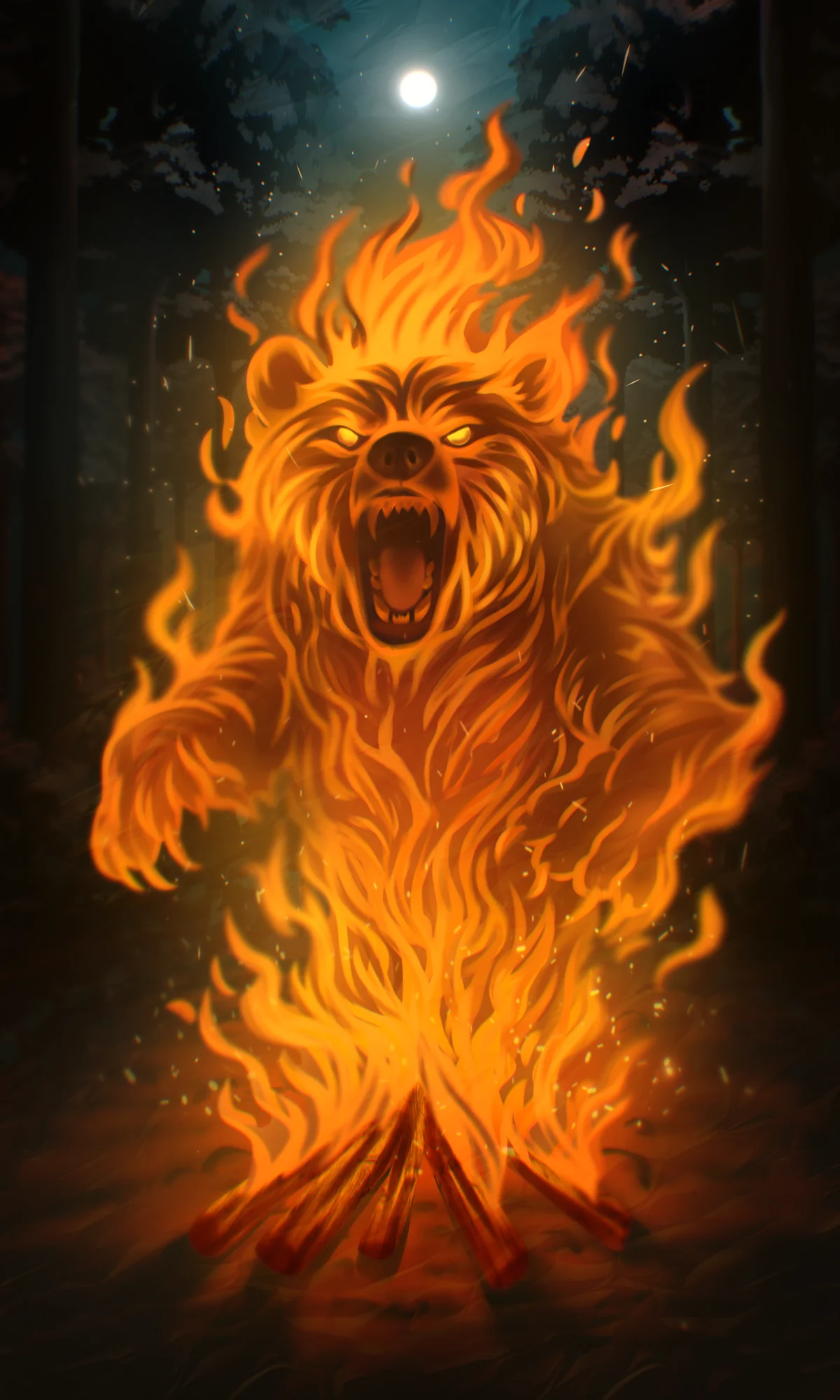 Lone Bear Sky, a roaring bear made of fire, rising from a campfire in a dark forest