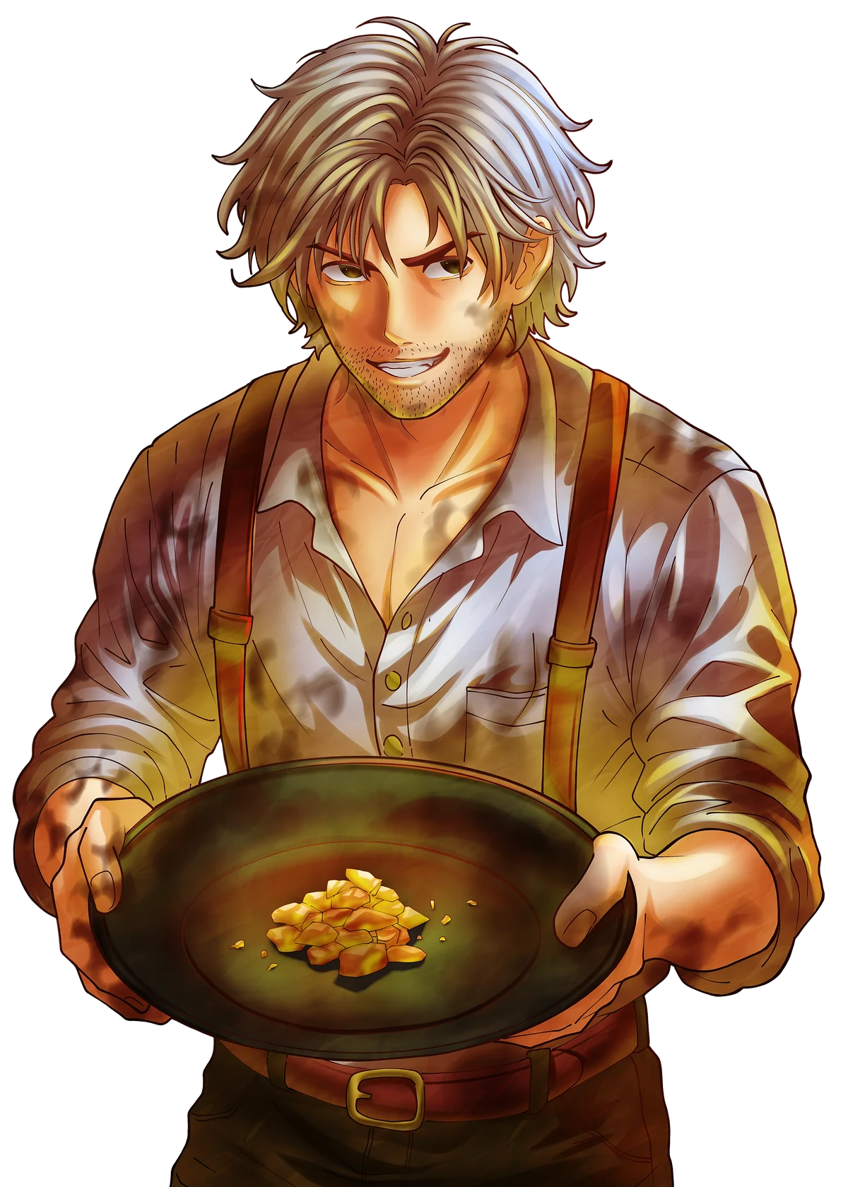 A prospector holding a pan of gold