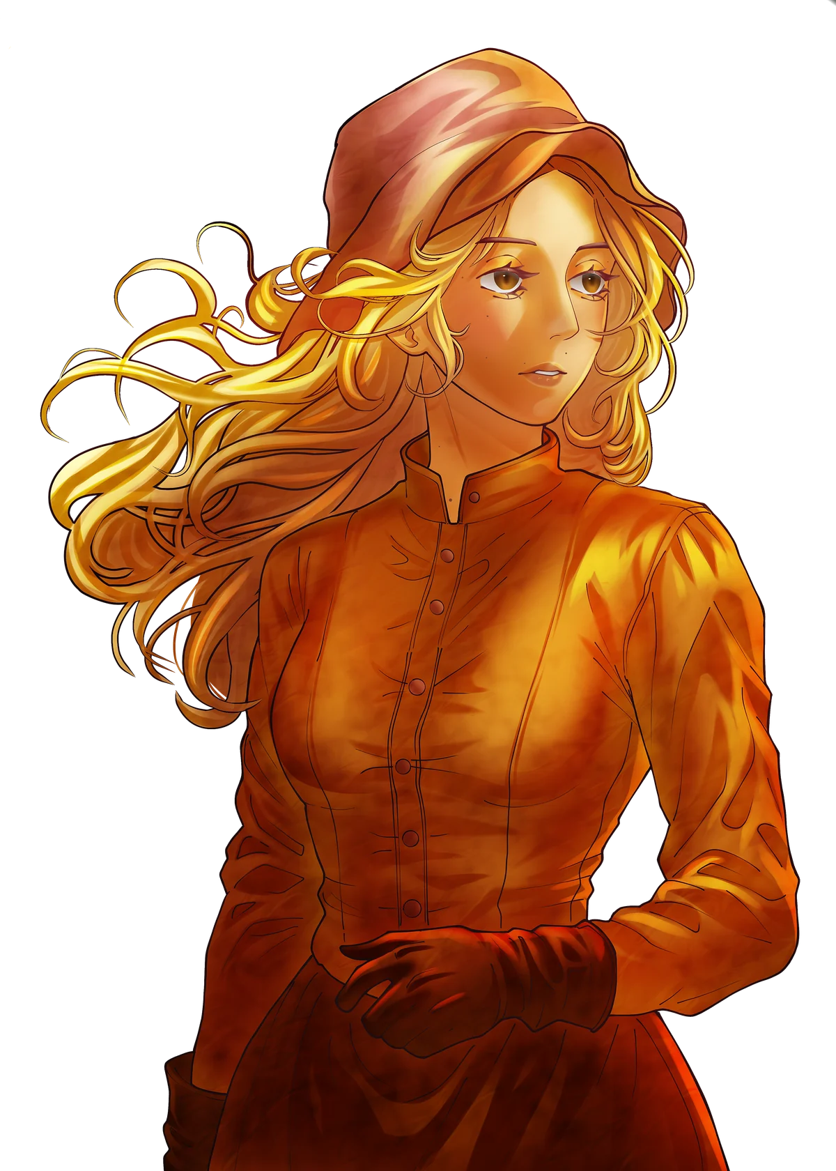 A settler in a bonnet with windswept hair