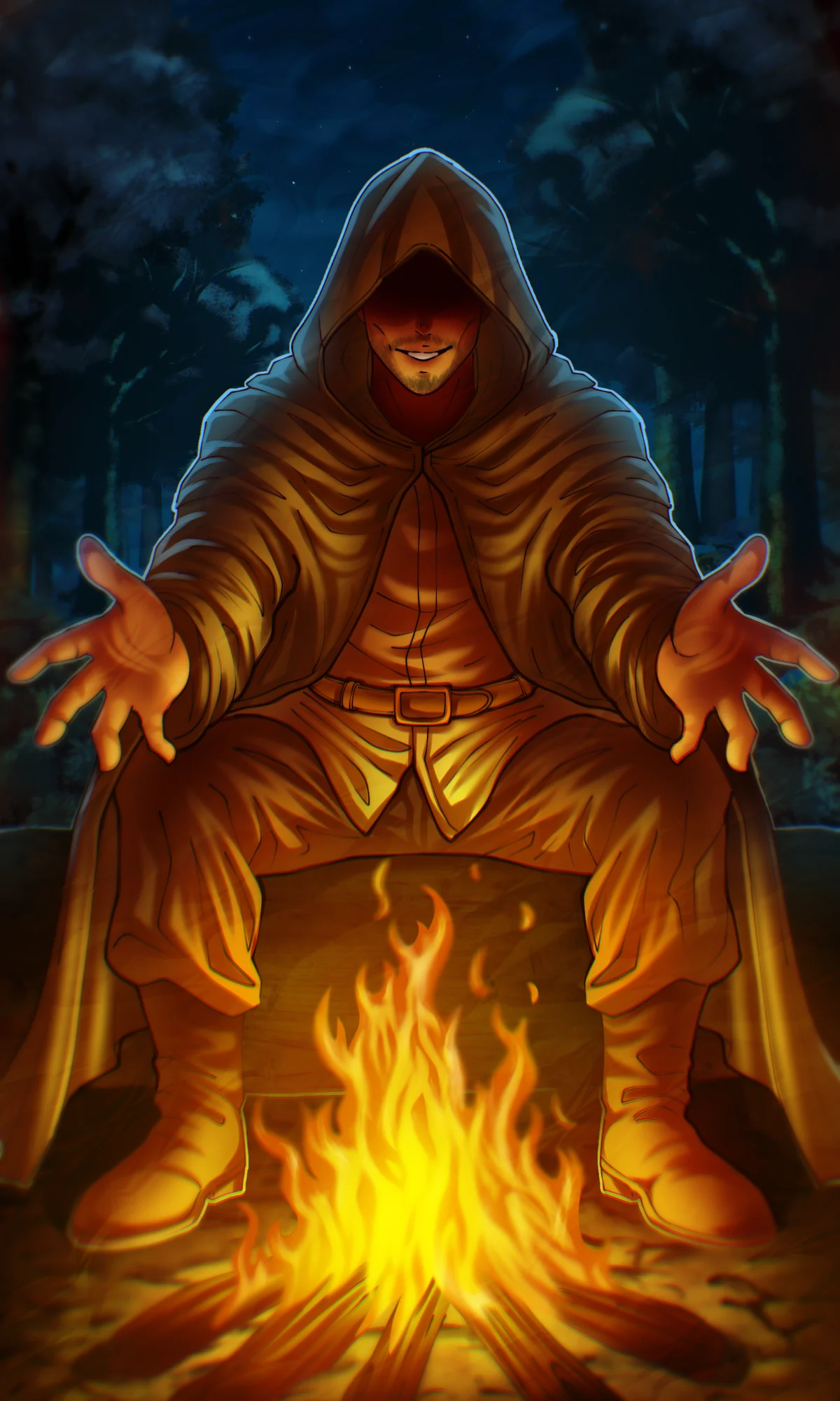 A hooded storyteller sitting behind a campfire with open hands